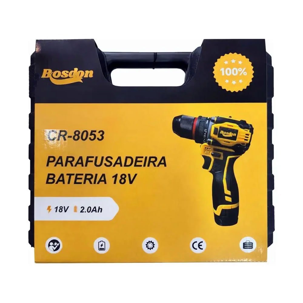 Parafusadeira e Furadeira de Impacto 18V Bosdon CR-8053 Profissional Sem Fio Kit Completo com Maleta e Acessórios