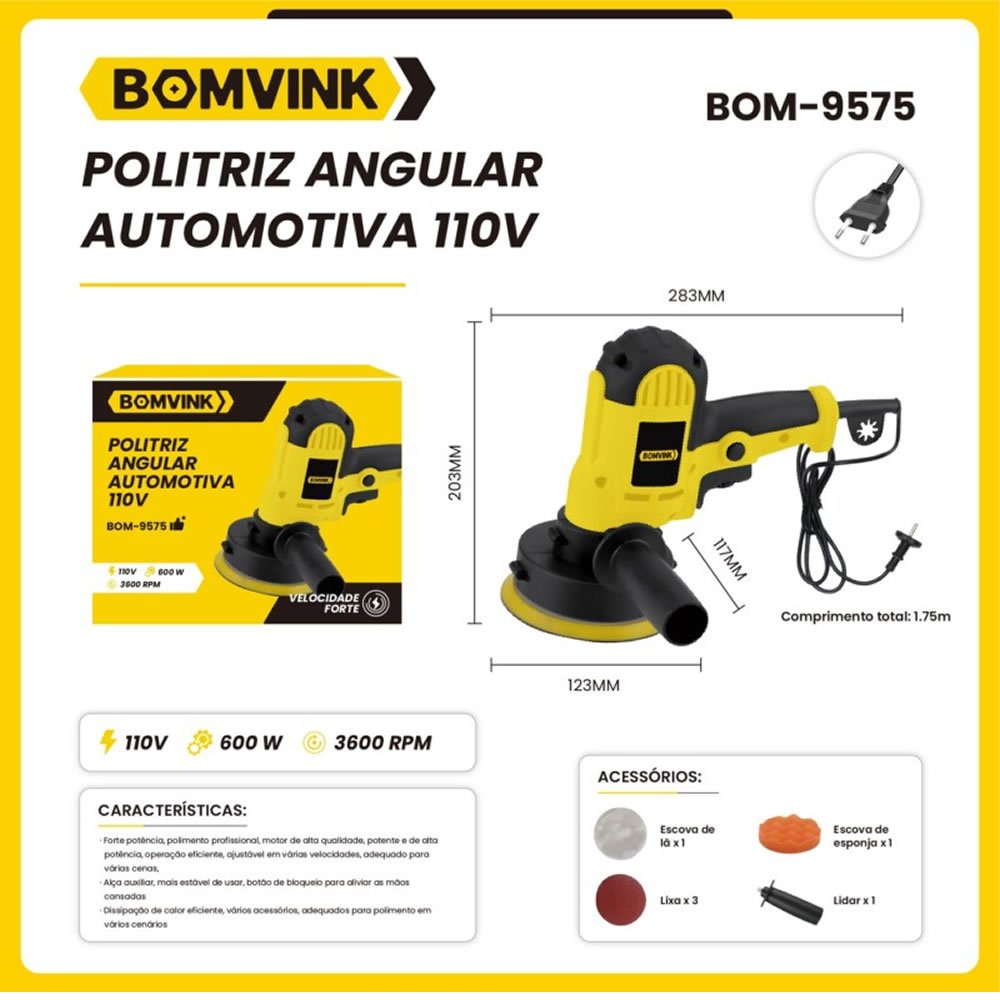 Politriz Angular Automotiva Orbital 600W Bomvink 110V Profissional Com Regulador De Velocidade + Kit Acessórios Lixa Boina - Imagem 7