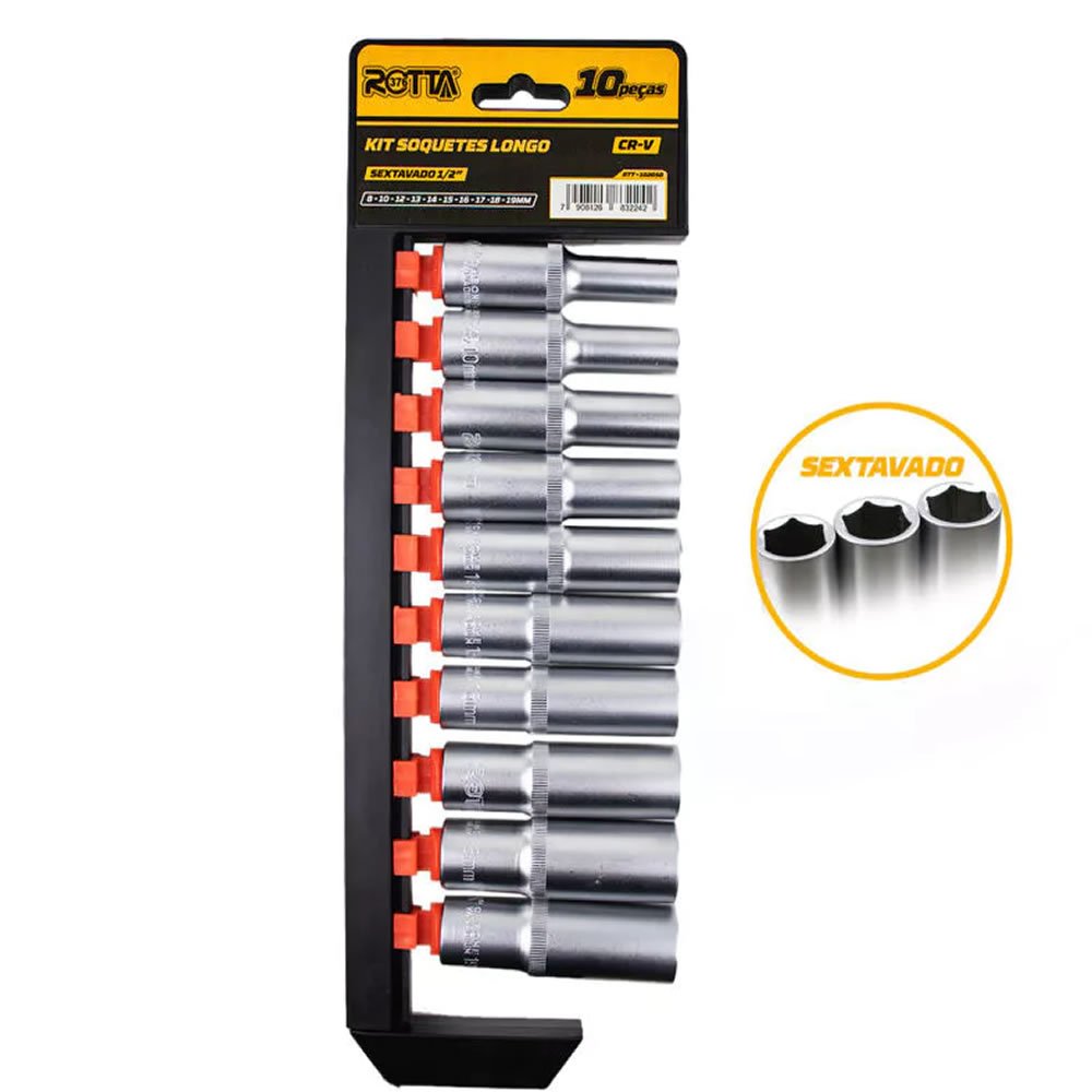 Jogo De Soquetes Longos Estriados 1/2" Rotta376 – Kit 10 Peças 8 a 19mm em Aço CR-V Profissional