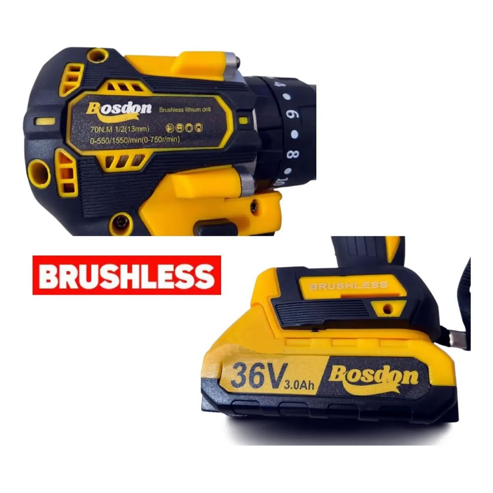 Parafusadeira E Furadeira De Impacto Sem Fio 36V Bosdon Motor Brushless Profissional + 2 Baterias E Maleta Kit Completo - Imagem 5