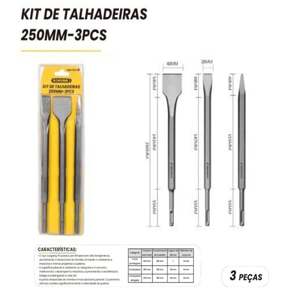 Kit Jogo De Talhadeiras E Ponteiro 250mm Bomvink 3 Peças Encaixe SDS Plus Aço Temperado Para Concreto Alvenaria - Imagem 2