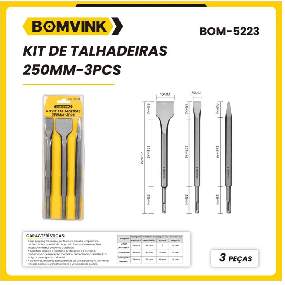 Kit Jogo De Talhadeiras E Ponteiro 250mm Bomvink 3 Peças Encaixe SDS Plus Aço Temperado Para Concreto Alvenaria - Imagem 3
