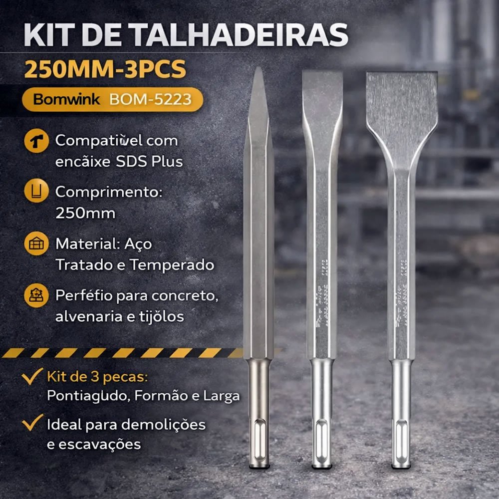 Kit Jogo De Talhadeiras E Ponteiro 250mm Bomvink 3 Peças Encaixe SDS Plus Aço Temperado Para Concreto Alvenaria - Imagem 5